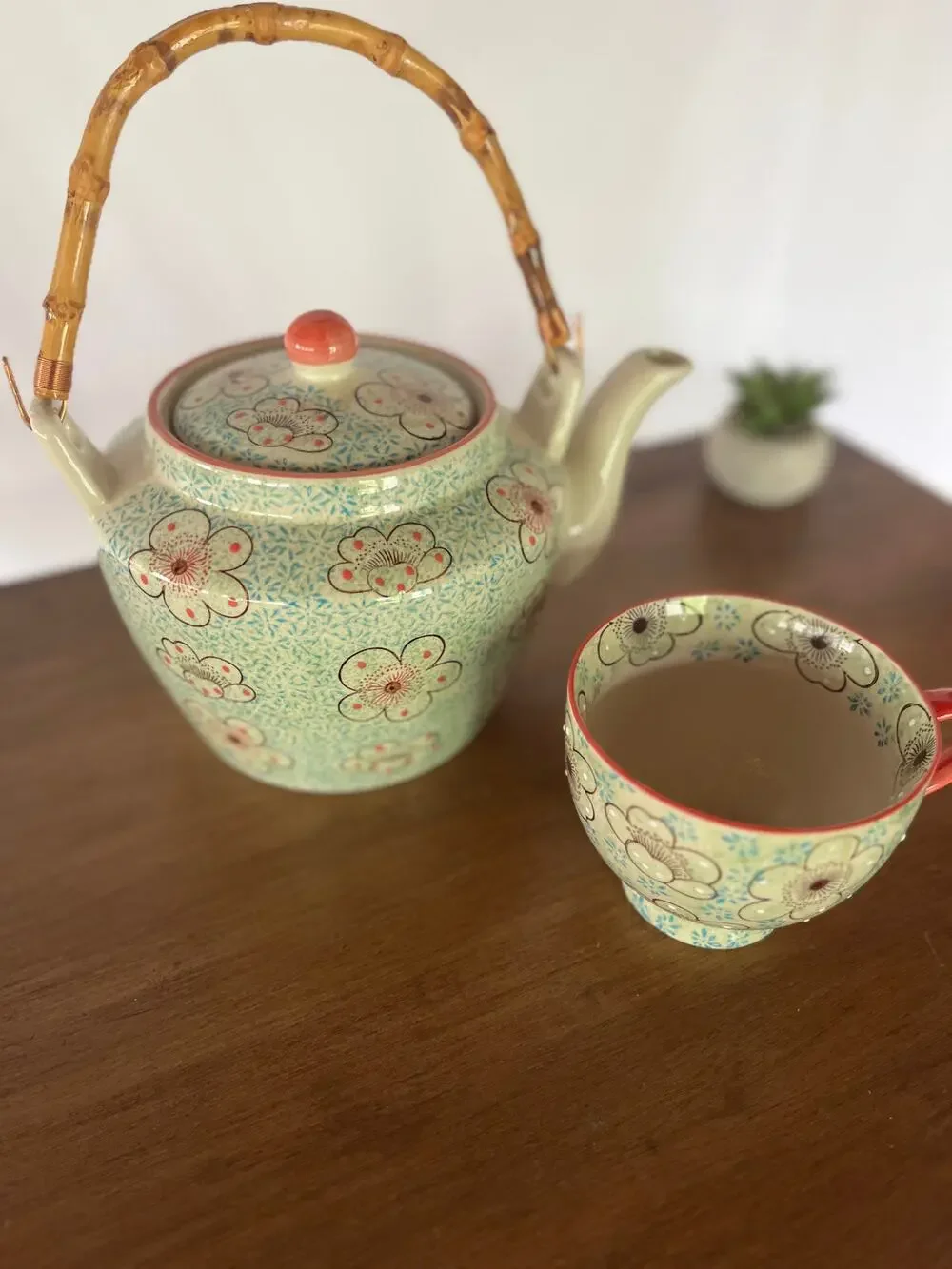 Asian Cherry Blossom Ceramic Teapot w/ Bamboo Handle, Infuser, Matching Cup Set